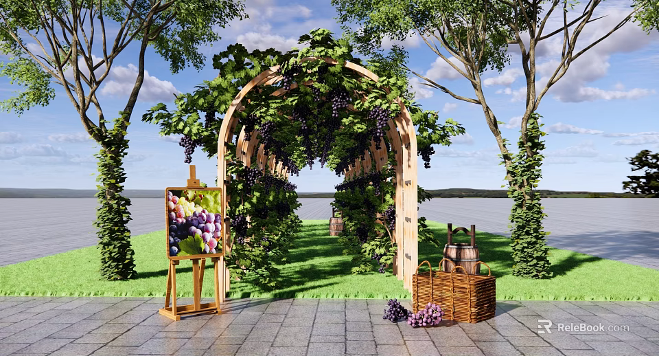 Wooden Pergola Covered With Vines And Grapes Near Trees Grass Easel And Basket 3d model 