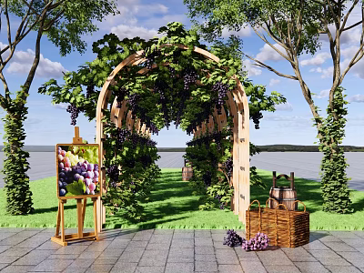 Wooden Pergola Covered With Vines And Grapes Near Trees Grass Easel And Basket 3d model