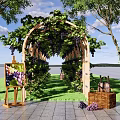 Wooden Pergola Covered With Vines And Grapes Near Trees Grass Easel And Basket
