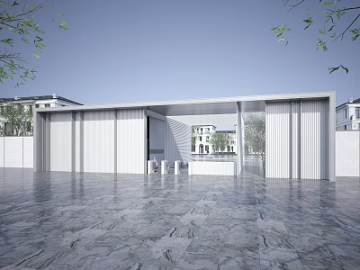 Modern White Entrance Gate With Glass Panels And Marble Floor Surrounded By Green Foliage 3d model