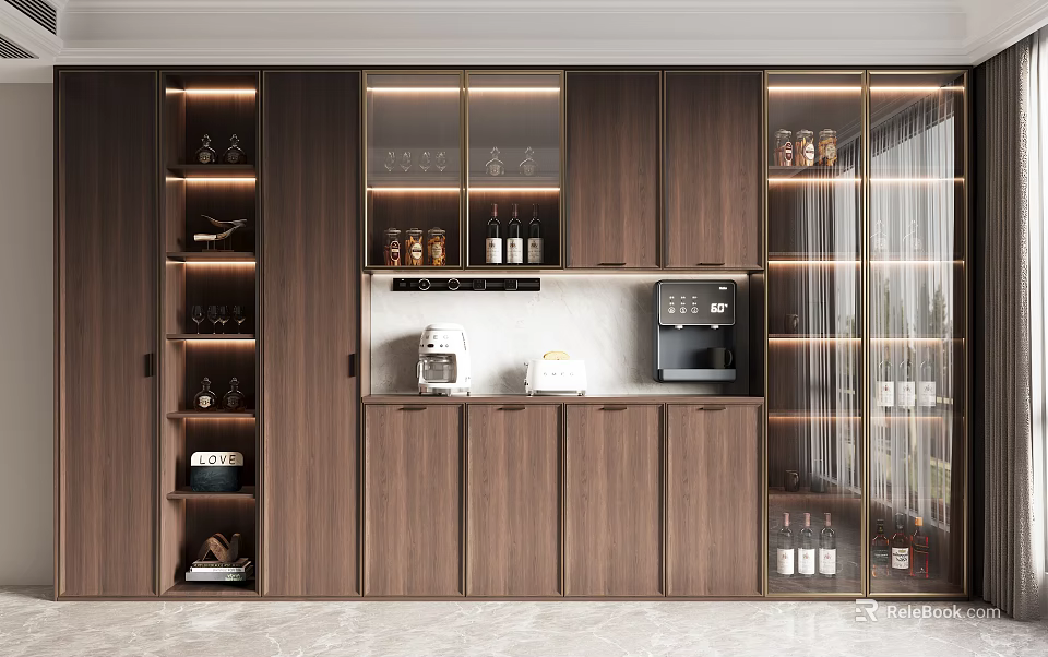 Modern Elegant Wooden Sideboard With Glass Display Doors LED Lighting And Coffee Station Storage 3d model 
