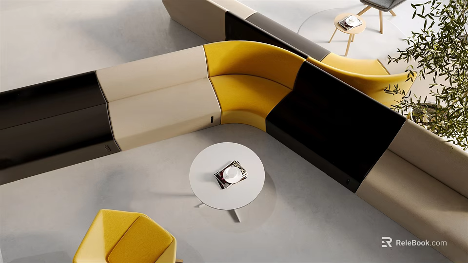 Modern Curved Sofa And Coffee Table Set With Yellow Black Beige Colors 3d model 