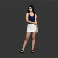 Woman In Blue Tank Top And Beige Skirt Standing With Black Sandals On Gray Background