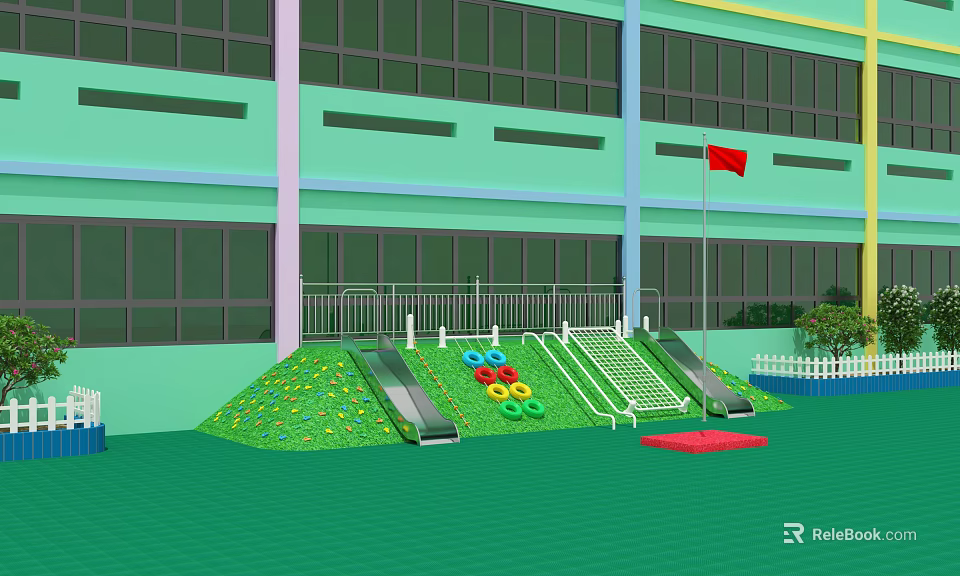 Green Kindergarten Building With Outdoor Playground Slides Colorful Rings Grass Lawn And Red Flag 3d model 