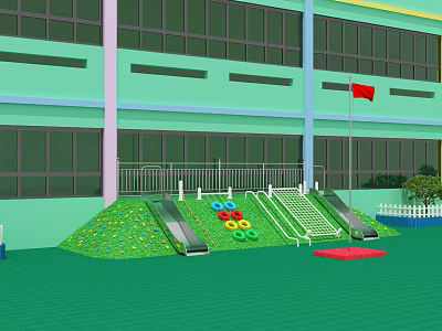 Green Kindergarten Building With Outdoor Playground Slides Colorful Rings Grass Lawn And Red Flag 3d model