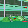 Green Kindergarten Building With Outdoor Playground Slides Colorful Rings Grass Lawn And Red Flag