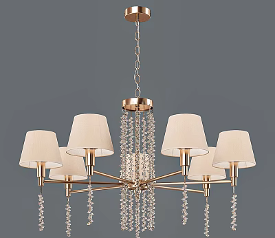 Modern Elegant Chandelier With White Lampshades Golden Brass Frame And Crystal Pendants 3d model