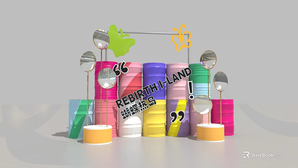 Rebirth Island Photo Check In Spot With Colorful Oil Drums Mirror Butterfly And Flame Decorations 3d model 