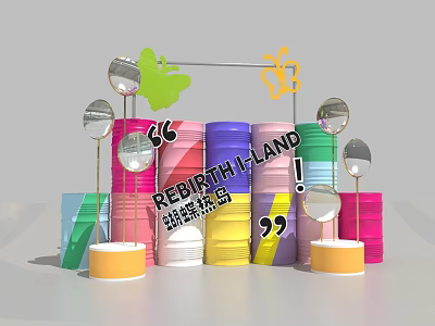 Rebirth Island Photo Check In Spot With Colorful Oil Drums Mirror Butterfly And Flame Decorations 3d model