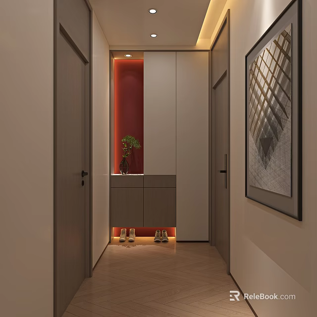 Modern Elevator Hallway Interior With Gray Doors Red Accent Wall Wooden Floor And Decorative Painting 3d model 