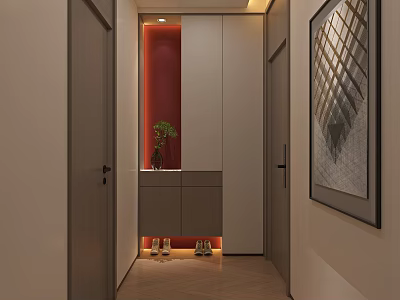 Modern Elevator Hallway Interior With Gray Doors Red Accent Wall Wooden Floor And Decorative Painting 3d model