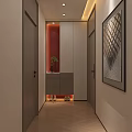 Modern Elevator Hallway Interior With Gray Doors Red Accent Wall Wooden Floor And Decorative Painting