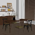 Warm Dining Space Featuring Wooden Table Chairs Shelves Window Blinds And Potted Plant