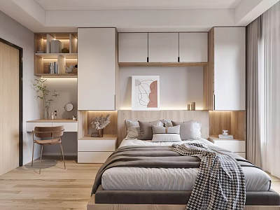 Modern Tatami Bedroom Interior Design With Storage Cabinets Desk Decorative Painting And Wooden Elements 3d model