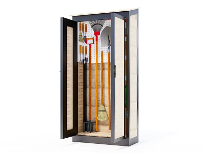 Organized Hardware Tools Storage Cabinet With Broom Mop And Garden Tools 3d model