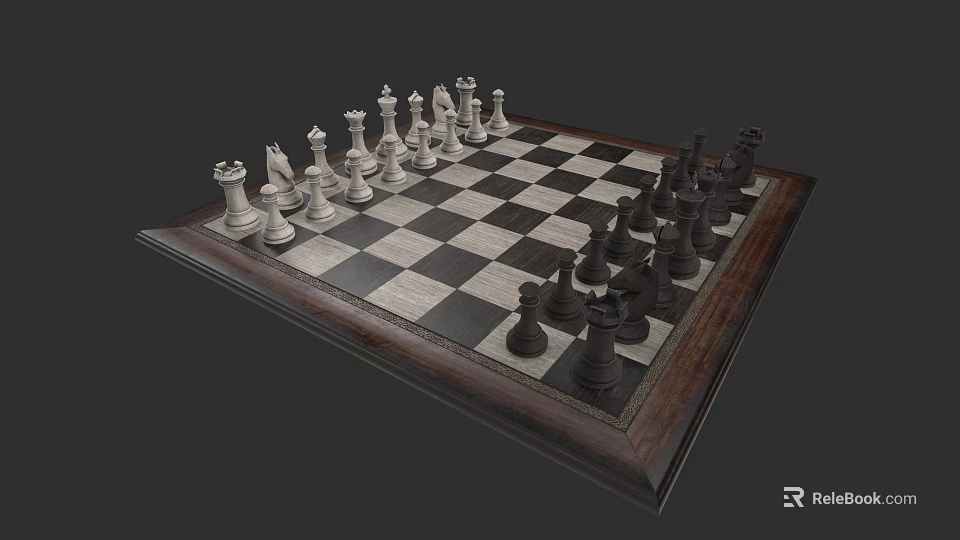 Classic Chess Set With Black And White Pieces On Wooden Frame Chessboard 3d model 