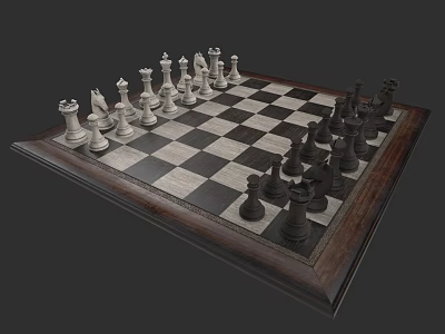 Classic Chess Set With Black And White Pieces On Wooden Frame Chessboard 3d model