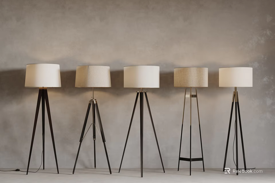 Stylish Floor Lamps With Tripod Bases And White Lampshades For Modern Interior 3d model 