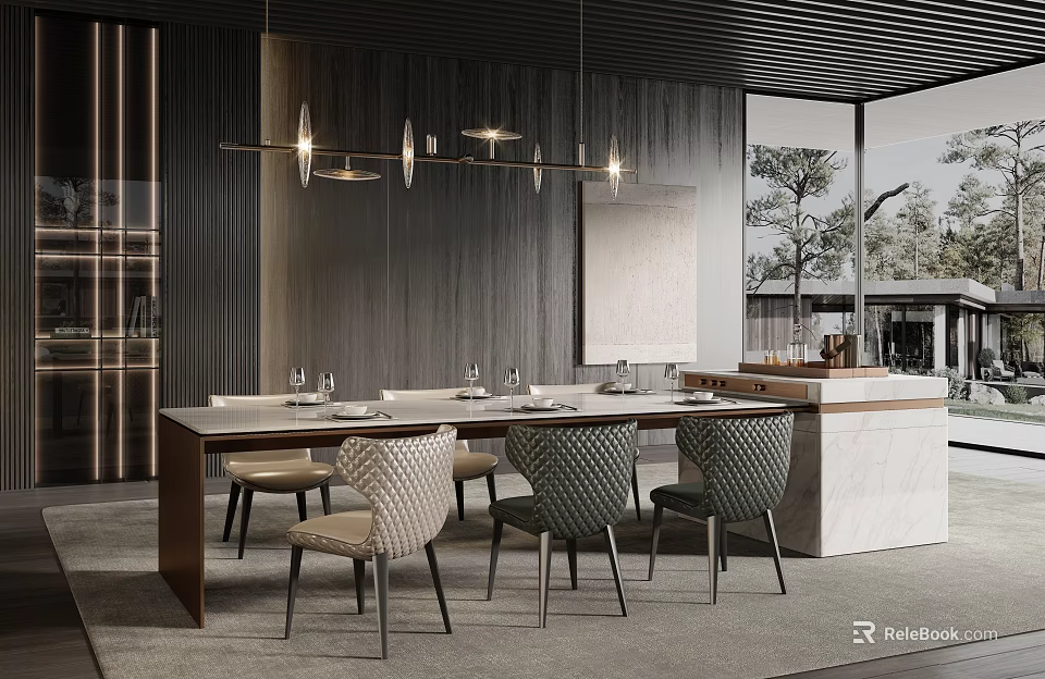 Modern Restaurant Interior Design With Dining Table Chairs Pendant Lights And Marble Elements 3d model
