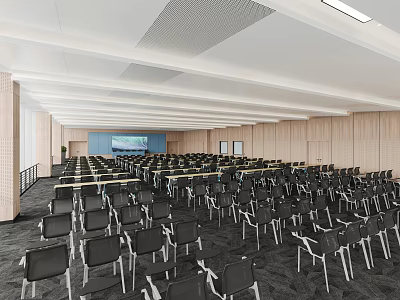 Modern Conference Room with Rows of Chairs Tables Projector Screen Wooden Walls and Spacious Design 3d model