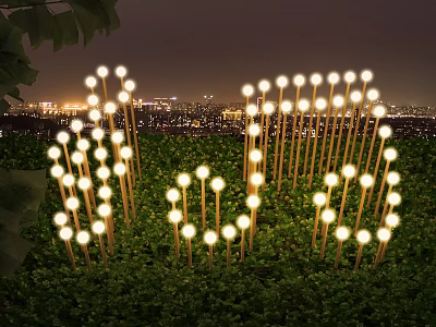 Decorative Outdoor Lawn Stake Lights Glowing In Green Grass At Night With City Skyline 3d model