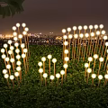 Decorative Outdoor Lawn Stake Lights Glowing In Green Grass At Night With City Skyline