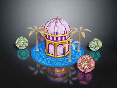Decorative Dome Structure With Palm Trees And Colorful Spherical Ornaments On Blue Base 3d model