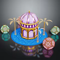 Decorative Dome Structure With Palm Trees And Colorful Spherical Ornaments On Blue Base