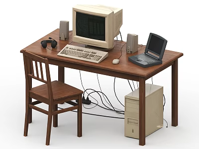 Vintage Desktop Computer with CRT Monitor Laptop Keyboard Mouse Speakers and Headphones on Wooden Desk 3d model