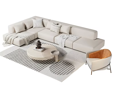 Modern Cream Sofa Coffee Table Set With Pillows Blankets Striped Rug And Accent Chair 3d model