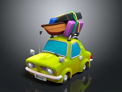 Green Cartoon Car With Colorful Luggage And Small Boat On Roof 3d model