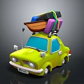 Green Cartoon Car With Colorful Luggage And Small Boat On Roof