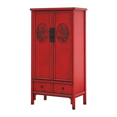 Chinese Style Red Wardrobe With Double Doors And Round Carvings And Bottom Storage Drawers Design 3d model