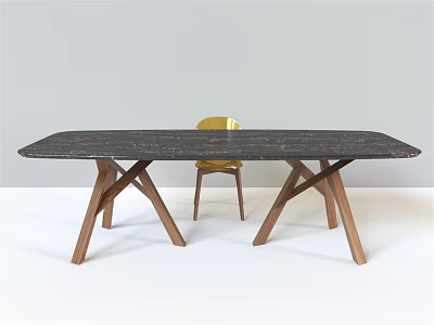 Dining Table Set With Black Marble Tabletop Wooden Cross Legs And Yellow Chair 3d model