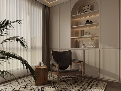 Comfortable Modern Accent Chair With Wooden Side Table Arch Bookshelf And Palm Plant 3d model