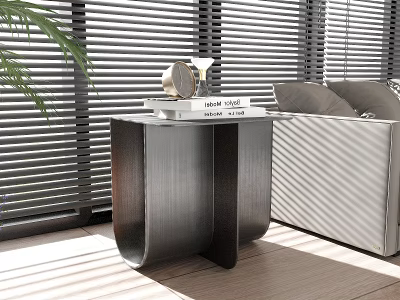 Modern Living Room Interior Side Table With Brushed Metal Books Clock Sofa And Plant 3d model