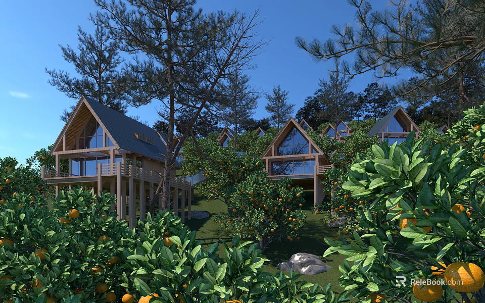 Wooden Vacation Cottages with Triangular Roofs Surrounded by Trees Orange Fruits Green Grass and Stones 3d model 