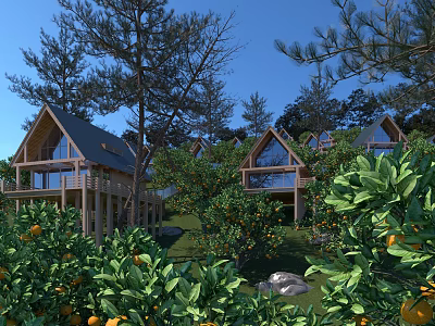 Wooden Vacation Cottages with Triangular Roofs Surrounded by Trees Orange Fruits Green Grass and Stones 3d model