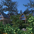 Wooden Vacation Cottages with Triangular Roofs Surrounded by Trees Orange Fruits Green Grass and Stones