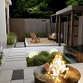 Courtyard Garden Design With Paved Area Wooden Deck Green Plants And Seating Space