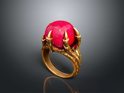 Ornate Gold Ring Featuring Red Gemstone And Intricate Dragon Claw Design 3d model