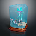 Vibrant Blue Jellyfish In Transparent Cube Container With Wooden Base And Underwater Decorations