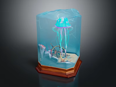 Vibrant Blue Jellyfish In Transparent Cube Container With Wooden Base And Underwater Decorations 3d model