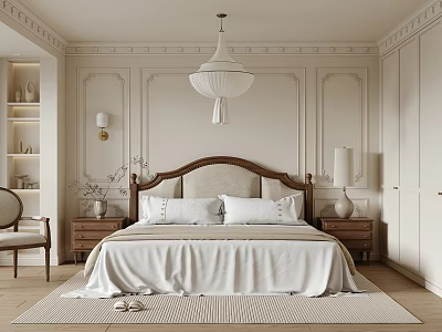 Cozy Bedroom Interior with Wooden Headboard White Linens Nightstands Lamps Pendant Light Rug and Shelves 3d model