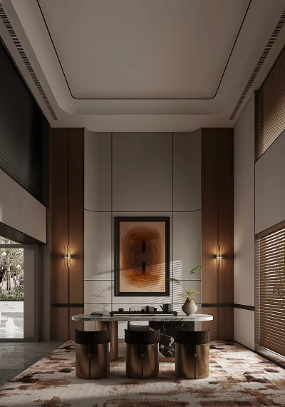 Modern Tea Room Interior Design With Art Wall Lamps And Plant 3d model