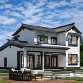 Modern Chinese Detached Villa Two Story Tile Roof White Walls With Swimming Pool And Greenery