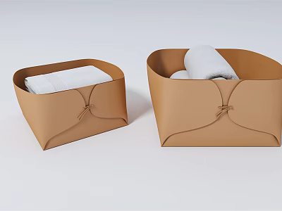 Practical Brown Storage Boxes With Knot Design Holding White Towels 3d model