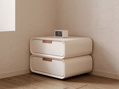 White Minimalist Nightstand With Two Drawers Brown Handles And Alarm Clock 3d model