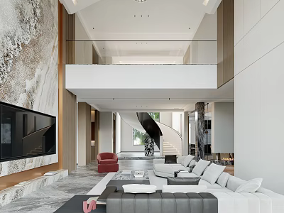 Modern Living And Dining Room Interior With Marble Walls Sofa And TV Unit 3d model