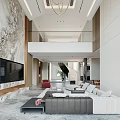 Modern Living And Dining Room Interior With Marble Walls Sofa And TV Unit